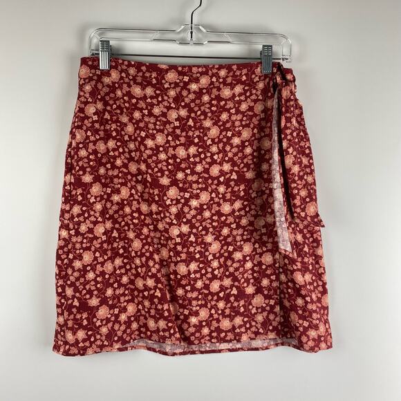 Loft Faux Wrap Floral Mini Skirt Linen Blend Crimson Red Womens Size 4 - Picture 3 of 11